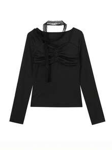 Áo thun dài tay dáng ôm gợi cảm, cắt ngẫu nhiên dành cho nữ - màu đen - Xem 5