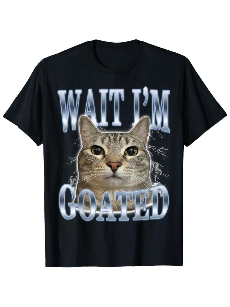 Wait I'm Goated Silly Cat Meme T Shirt - 黑色 - 查看 1