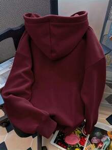 Áo nỉ chui đầu có mũ màu trơn, áo hoodie nữ dễ thương phong cách Y2K, trang phục mùa thu cho nữ đi học, áo hoodie tay dài vai rớt, thời trang mùa thu mới 2025 cho nữ, trang phục mùa đông cho nữ - Màu Đỏ Sâu - Xem 2