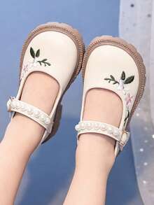 1 Pasang Sepatu Mary Jane Putri Gaya Cina dengan Bordir Mutiara untuk Anak Perempuan, Sepatu Modis dengan Sol Lembut, Cocok untuk Usia 3-12 Tahun - Krem - View 3