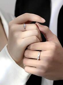 2pcs Cubic Zirconia Inlaid Rings, Minimalist Couple Rings, Adjustable Hypoallergenic Jewelry, Women's Jewelry Accessories, Suitable For Proposal, Mother's Day, Christmas, Valentine's Day Gifts, Everyday Wear, Best Gift Choice - Couple Rings - View 3