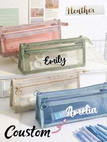 Personalized Customized Name Clear Large Capacity Pencil Case, Fashion Simple Pencil Bag, High Capacity Nylon Mesh Breathable Pen Bag, Exam/Student Stationery Bag, Mesh Pencil Pouch, Simple Student Supplies Box, Back To School, Learning Supplies - Multicolor - View 6