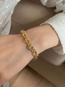 Nooxian 1pc Women's Bracelet, Waterproof Beach Vacation Layered Punk Hollow Stainless Steel Thick Chain Bracelet, Daily Accessory Gift (Chain Links & Beads Quantity Random) - Yellow Gold - View 1