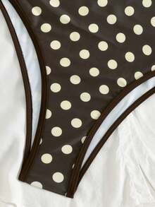Women's Polka Dot Print Spaghetti Strap One-Piece Swimsuit, Beach Vacation Summer - Brown - View 9
