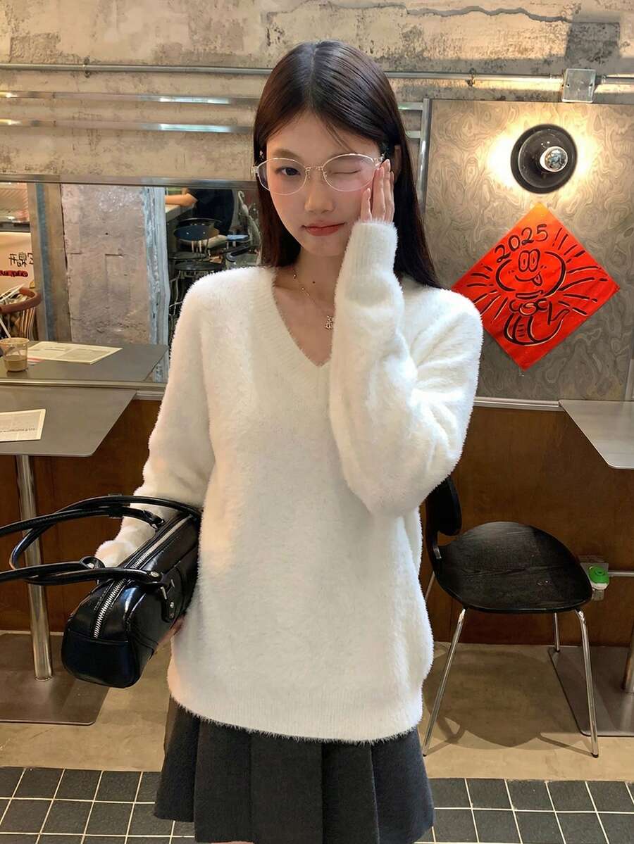 Women's Solid Color Fluffy Loose Soft Knit Sweater, Autumn/Winter - White - View 1