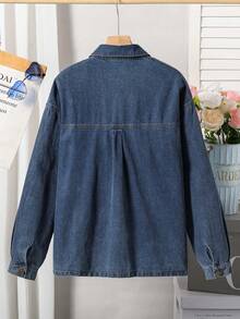 Teen Girl Casual Minimalist Fashion Double Zipper Loose Snowflake Washed Denim Top, Suitable For Spring, Summer, Autumn And Winter - Dark Wash - View 3