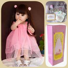 22英寸（约55厘米）逼真重生娃娃，粉色薄纱连衣裙，全乙烯基身体，洗澡玩耍伴侣，角色扮演游戏，生日礼物（包含奶瓶、安抚奶嘴、尿布、出生证明） - 粉色 - 查看 4