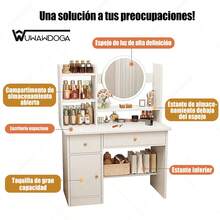 Tocador para dormitorio, estilo minimalista moderno, con espejo, 2 cajones, 3 armarios de almacenaje y estantes, adecuado para dormitorio, salón y vestidor - Blanco - Ver 6