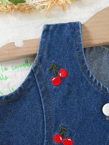 2pcs/Set Cute & Sweet Cherry Embroidery Denim Baby Girl Fashion Outfit - Dark Wash - View 4
