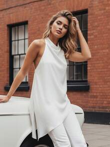 Women's Asymmetrical Halter Top Dressy Sleeveless Flowy Tank Tops Sleeveless Asymmetrical Halter Top High Neck Loose Fit Flowy Tank Top Backless Casual Dressy Blouse Shirts - 白色 - 查看 2