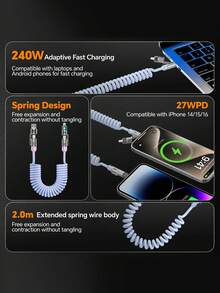可伸缩弹簧充电线，长度可调节，超长TPE充电线，兼容 17/16/15/14/13/12系列、Moto G、Pixel及其他USB-C设备，通用高效充电适配器，礼品装，支持快速车载充电（最大可伸缩长度2米），兼容、安卓手机、相机、MP3充电器，旅行通用适配器，快速充电 - 彩色 - 查看 8