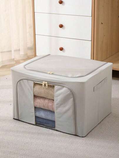 1 pieza/Caja de almacenamiento de ropa plegable de tela Oxford, caja de almacenamiento de edredones de gran capacidad a prueba de polvo, caja de almacenamiento de armario, caja de almacenamiento de tela a prueba de bacterias y humedad con cremallera, caja de almacenamiento de clasificación de pantalones plegable con ventana individual visible, caja de almacenamiento a prueba de polvo y humedad