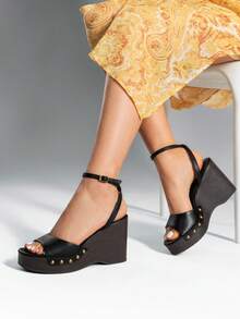 Women's Wedge Sandals 3.94inch Platform Square-Toe Dressy Ankle Buckle Studded Fashion Elegant Sandals Summer Black Shoes - màu đen - Xem 2