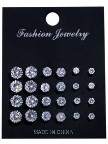 24件套女士耳环，奢华风格立方氧化锆，简约个性化耳环套装（无卡片包装） - 銀色 - 查看 7