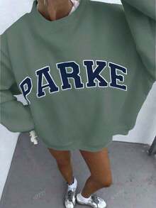 Women's Casual "PARKE" Letter Print Loose Pullover Sweatshirt, Encountering Lazy Fashion.2026 New Y2Y Style Casual Women's Sweatshirt - Versatile For Sports, Leisure, And Everyday Wear - 綠色 - 查看 1