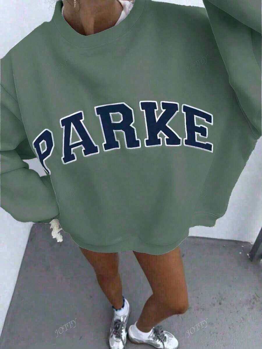 Women's Casual "PARKE" Letter Print Loose Pullover Sweatshirt, Encountering Lazy Fashion.2026 New Y2Y Style Casual Women's Sweatshirt - Versatile For Sports, Leisure, And Everyday Wear - 綠色 - 查看 1