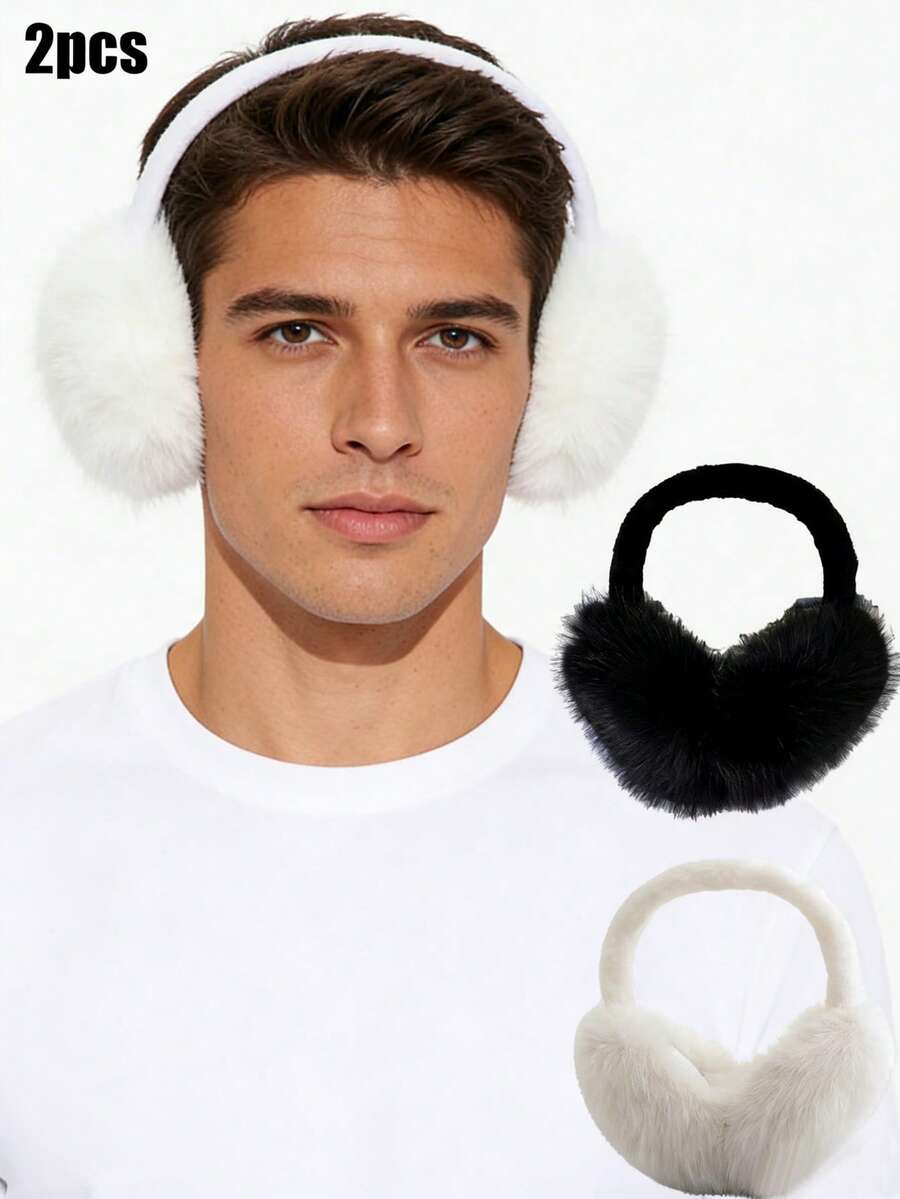 2pcs/Set Warm Plush Earmuffs, Thick Cute Earmuffs For Women & Men, Couple Winter Cold-Proof Earmuffs - Black and White - View 1