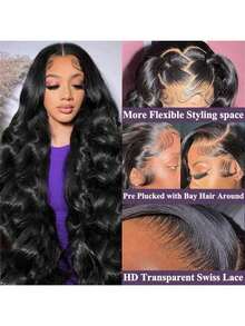 YGQWD 24 Inch 13x4 Ear To Ear Body Wave Lace Front Wigs Human Hair Blended Hair 200% HD Transparent Frontal Air Wigs With Breathable Mesh Cap Pre Plucked Baby Hair And Bleach Node For Women High Density Brazilian Virgin Valentine's Day Gifts For Women - Natural Black - 查看 4
