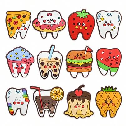 10/12件套可爱卡通牙齿系列鞋饰，PVC材质，可作沙滩包装饰，鞋子配件挂件，生日、圣诞节、情人节、万圣节派对礼品创意