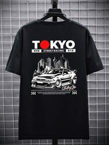 Camiseta de manga corta de cuello redondo casual con estampado gráfico de coche para hombres de talla grande, verano - Negro - Ver 3