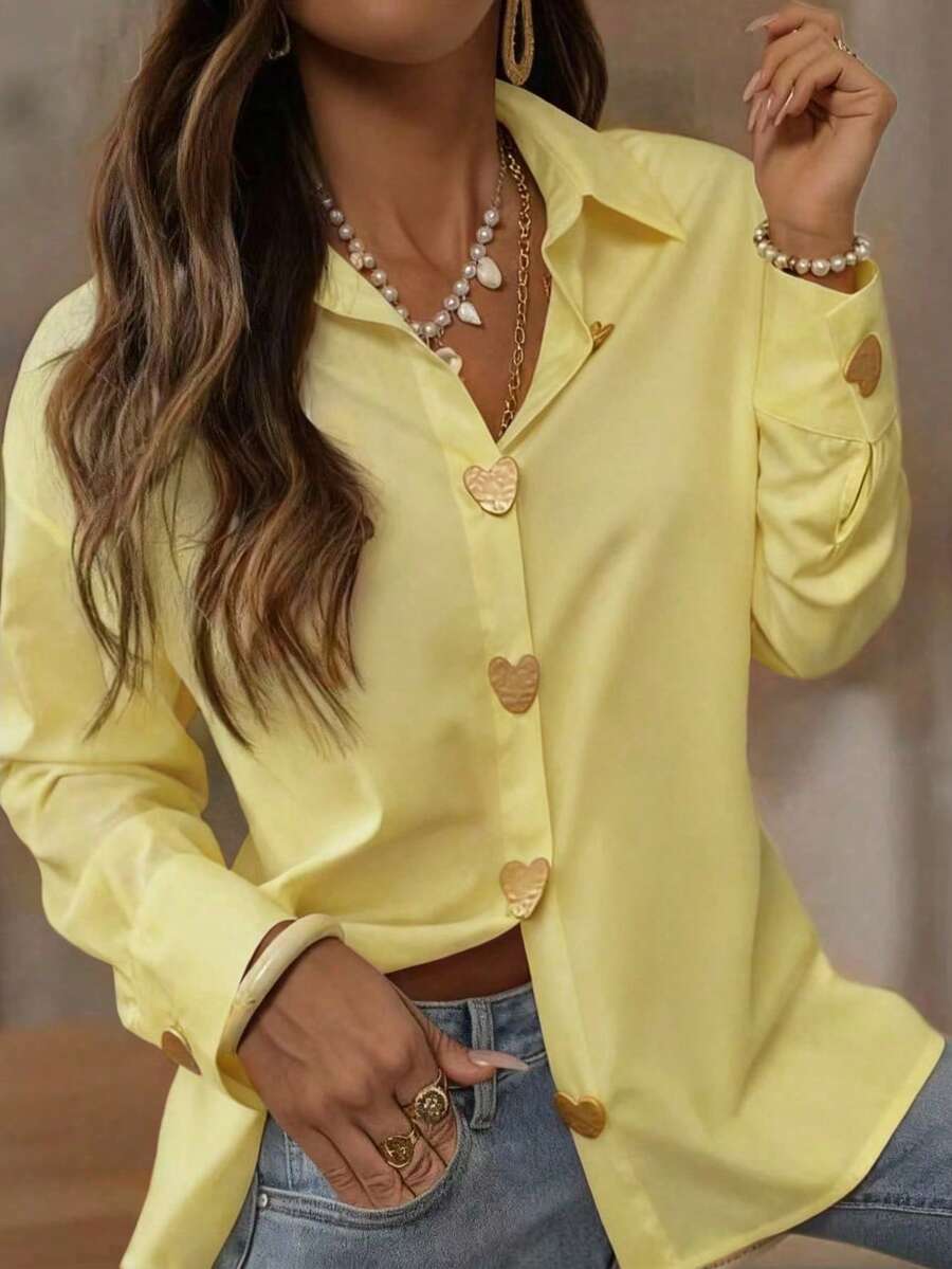 Áo sơ mi cổ chữ V Freeform dành cho nữ, thanh lịch và đa năng cho mùa xuân, hè, thu và đông, phù hợp cho công sở, đi làm, dạo phố và nghỉ mát. Khuyến nghị nên đặt size nhỏ hơn một size do kiểu dáng rộng rãi, phong cách Hàn Quốc. - vàng nhạt - Xem 1