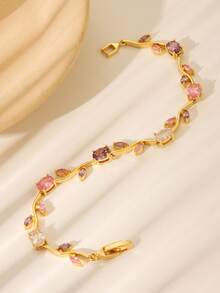 Fashionable Luxury Copper Plated 24K Gold Zirconia Leaf Bracelet, High-Quality Delicate Fully Paved Bracelet, Popular Cross-Border Seller