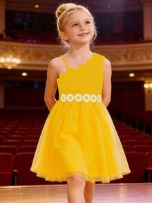 女童时尚单肩连衣裙，碎花装饰薄纱裙，适合派对、演出、日常外出/户外休闲度假，夏季 - 黃色 - 查看 1