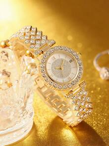 5pcs Set: Rhinestone Gold Quartz Watch, Heart Bracelet Jewelry, Chain Strap Lightweight Luxury Women's Watch Gift - Gold - View 3