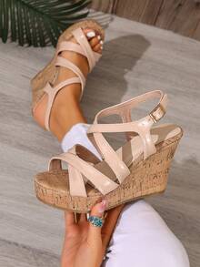 Giày sandal đế xuồng nữ quai chéo, thoải mái, hở mũi, đế cao, kiểu dáng thường ngày, thanh lịch, chất liệu cork, thích hợp cho ngày Valentine, mua sắm, nghỉ mát, mùa hè, đi làm. - Màu Khaki - Xem 4