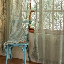 Green Sheer Curtains 108 Inch Long Living Room - Shabby Chic Floral Ruffled Curtains, Elegant Knitted Privacy Rod Pocket, Emerald Green, Spring/Summer, 1 Pair, 59 X 108 Inch - 鼠尾草綠 - 查看 6