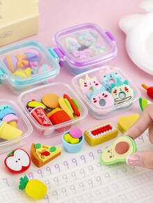 可爱迷你便当盒橡皮擦套装，日式可爱食物甜点玩具橡皮擦，逼真文具套装，开学礼物 - 彩色 - 查看 5