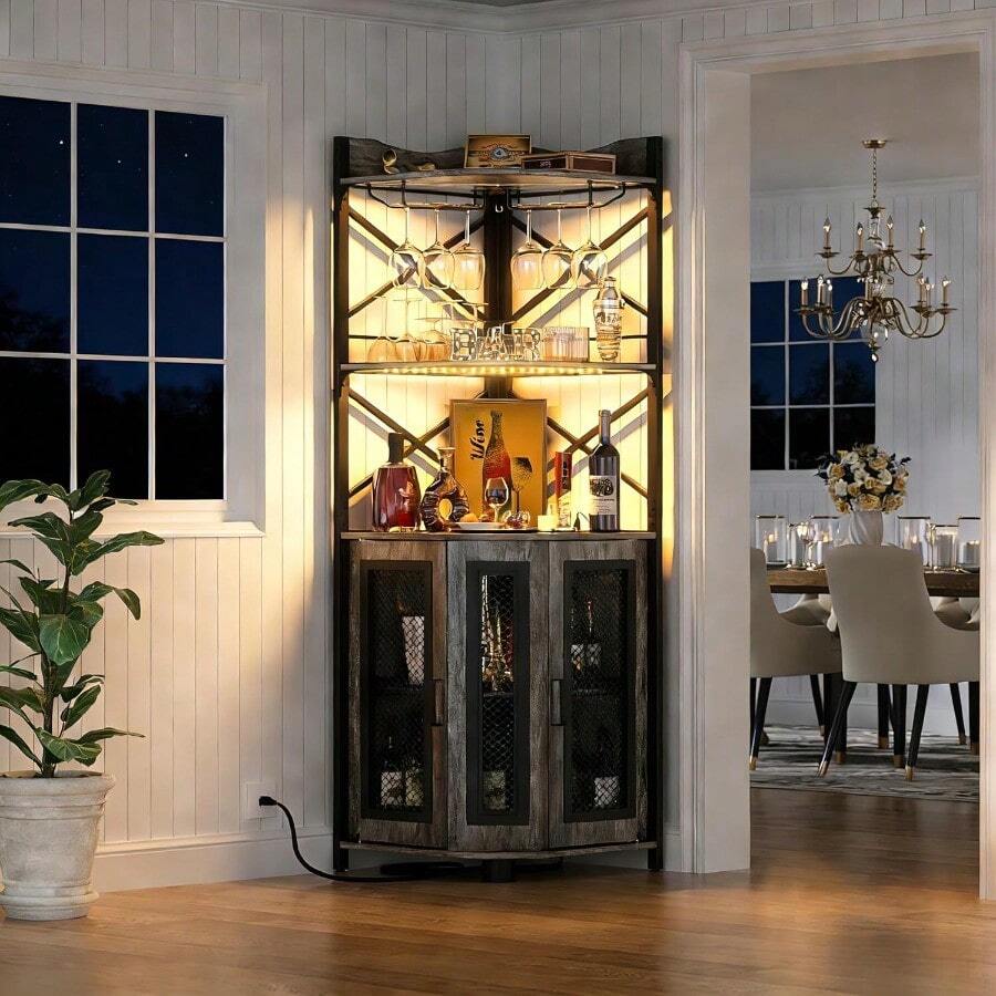 Muebles para Cocina, Gabinete para Vinos con Luces LED, Cantina Bar Mueble para Casa con Toma de Corriente, 5 Niveles Estante para Vinos y Copas, Gabinetes de Almacenamiento (Gris) & cocina | cocina accesorios | accesorios para cocina - Gris - Ver 1