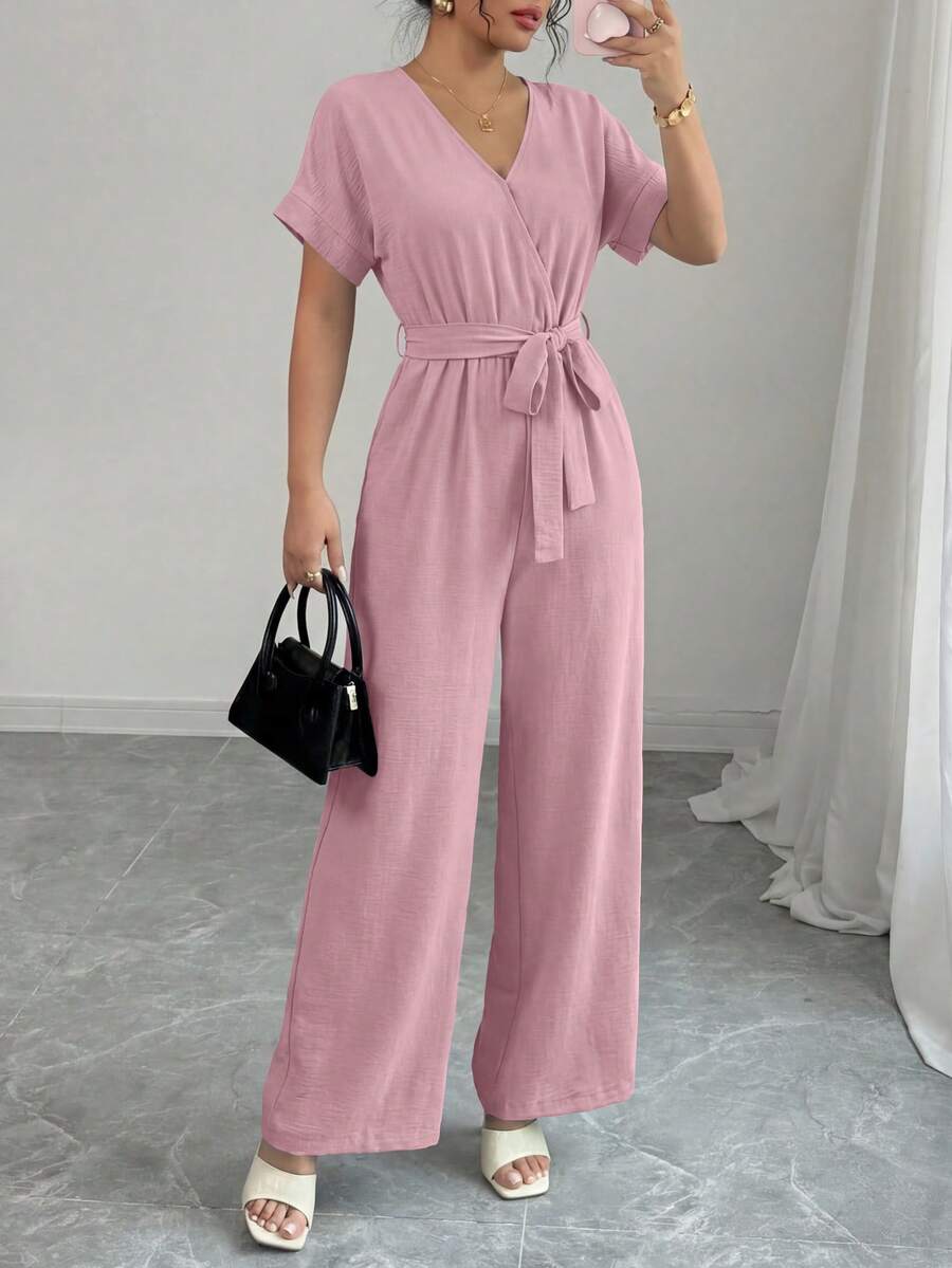 Women's Jumpsuit Casual Short Sleeve Wrap V Neck Belted Wide Leg Pants - Hồng - Xem 1