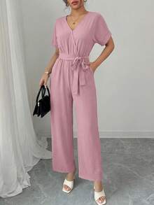 Women's Jumpsuit Casual Short Sleeve Wrap V Neck Belted Wide Leg Pants - Hồng - Xem 5