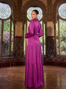 Faeriesty 优雅酒红色长袖灯笼袖V领长款派对连衣裙 - 可拆卸腰带，闪亮蓬松裙摆，修身剪裁 | 适合节日派对、新年夜、正式晚宴、正式活动和浪漫春季写真拍摄 - 紫色 - 查看 2