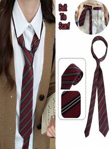 1pc Bright Red Handmade Necktie, Women's Fashion Headband, JK Uniform Tie, Striped Long Skinny Design, Suitable For Casual, Weekend Outing, Date, Campus, Street Photography And Other Occasions, Fashionable Multifunctional Accessory, Can Also Be Used As Sailor Uniform Accessory Or Christmas Decoration - Wine Red - View 2