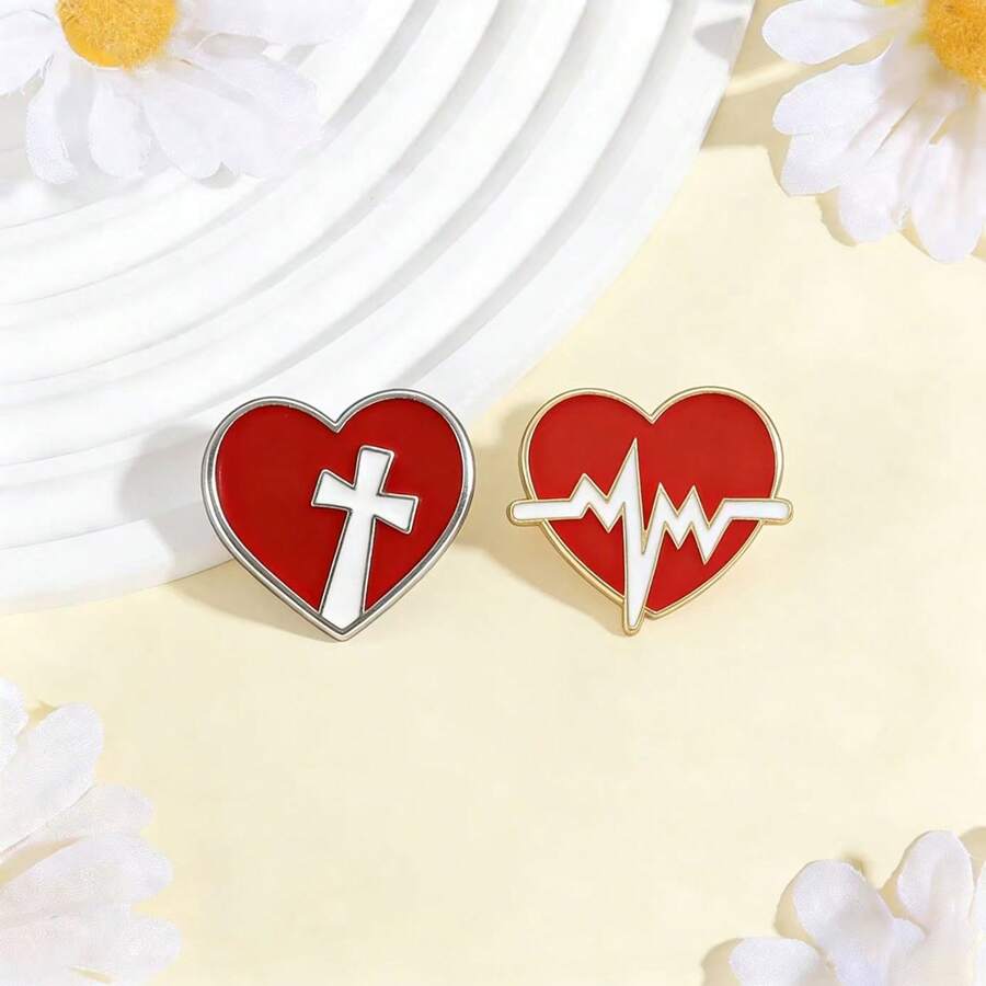 2pcs Valentine's Day Love Heart Enamel Pins, Stylish Brooch For Women, Ideal For Jeans, Clothes, Backpacks, Jewelry Accessories, Suitable For Couples Everyday Wear Or Gift - Multicolor - View 1