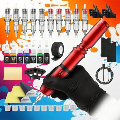 Kit de tatuaje inalámbrico que incluye una máquina de tatuaje, adaptador de corriente, bolígrafo de tatuaje todo en uno y un juego completo de herramientas de tatuaje (agujas de tatuaje, tinta de tatuaje y suministros de tatuaje), adecuado para principiantes y artistas de tatuajes.
