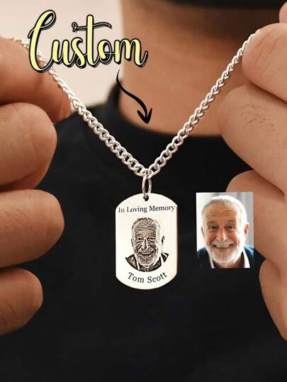 Personalized Photo Necklace For Men - Customized Name & Photo Engraved/Printed On Stainless Steel Dog Tag Pendant, Military ID Chain - Birthday, Father's Day Gift For Dad, Husband, Boyfriend - Wearable Memorial Jewelry All Year Round