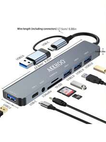 Adaptador de hub USB 3.0 de 8 en 1, interfaz multifuncional, compatible con teléfonos tipo C y tabletas iPad OTG, con conector de 3.5 mm para auriculares, unidad flash USB, disco duro, lector de tarjetas SD - Gris - Ver 9