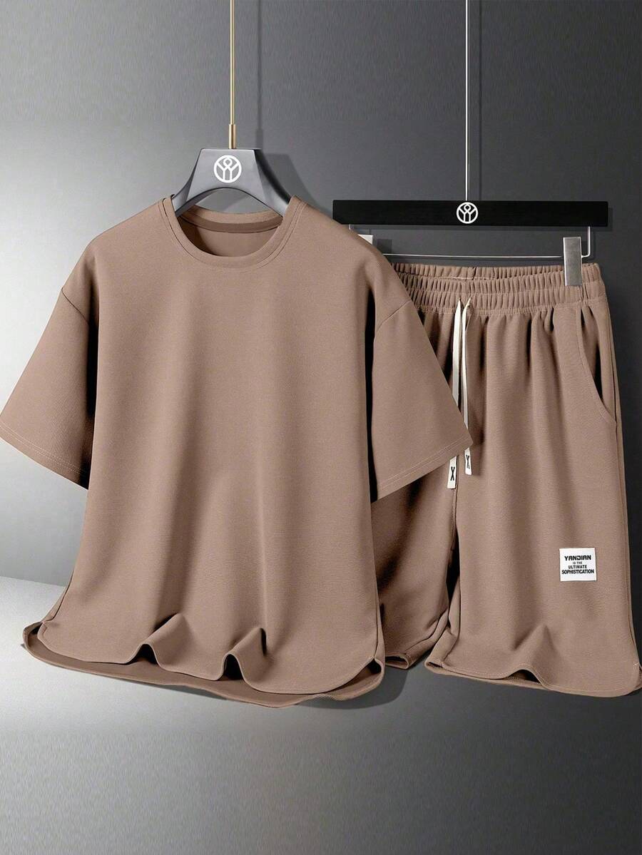 Teens' Summer Solid Color Round Neck Short Sleeve Casual T-Shirt And Letter Print Drawstring Waist Shorts Set - Brown - View 1