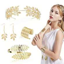 7pcs Vintage Greek Costume Set, Shiny Pearl Leaf Headpiece, Greek Outfit, Halloween Carnival Cosplay Party, Spiral Bracelet, Necklace, Headpiece, Earrings, Luxury Goddess Halloween Masquerade Attire And Accessories - Multicolor - View 12