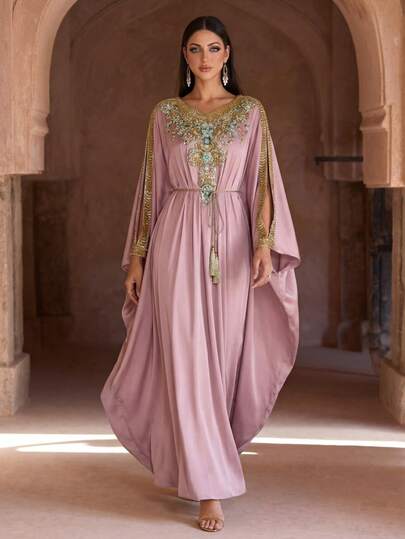 Luxury Pink Embellished Long Sleeve Kaftan Robe, Elegant Middle Eastern Style, Arabic Women Long Robe, Abaya, Modest And Graceful