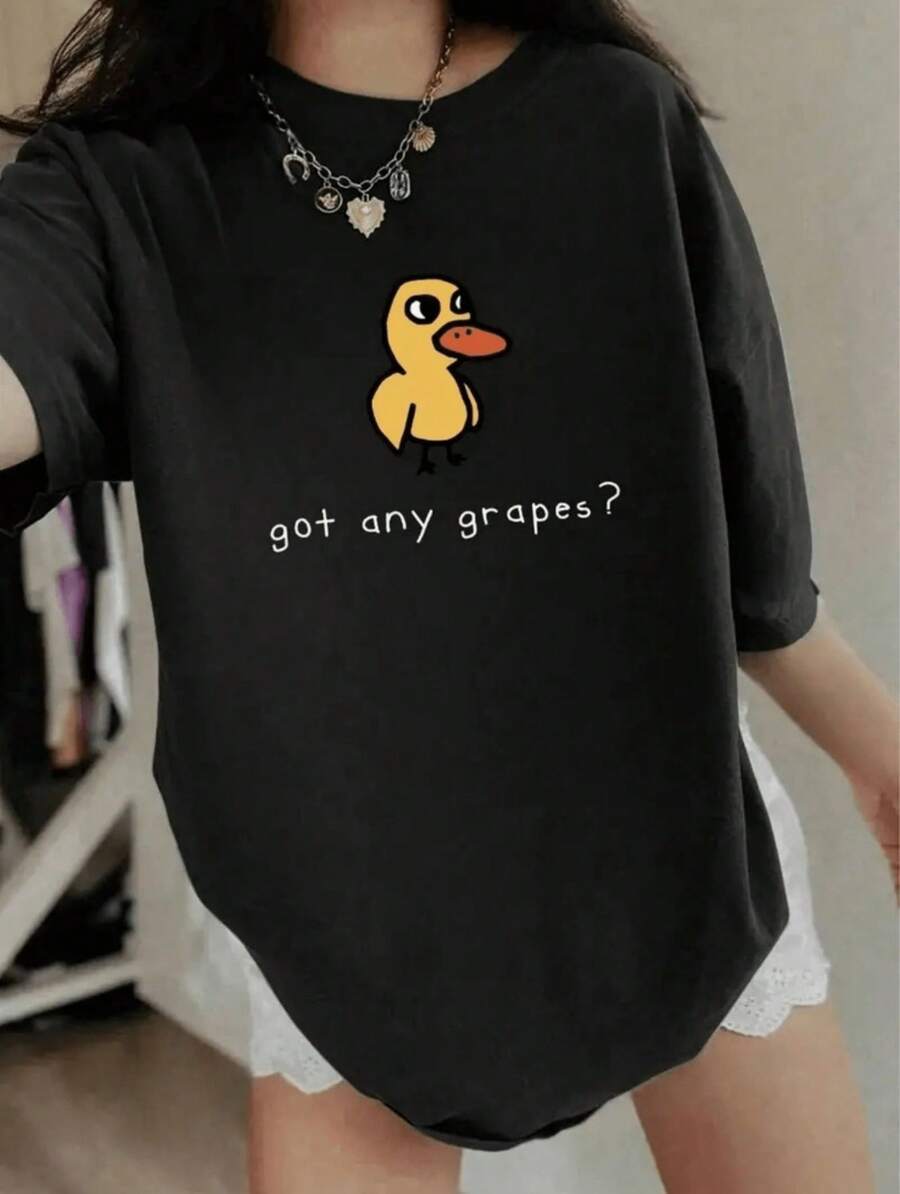 WomenS Graphic T-Shirt With Got Any Grapes Slogan Duck Print - Black Short Sleeve Round Neck Casual Top Lightweight - 黑色 - 查看 1