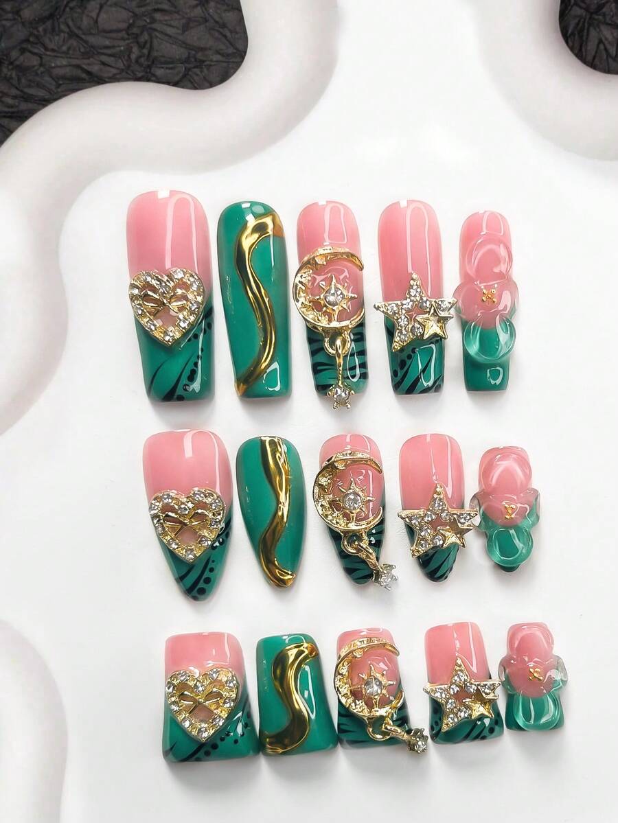 10件套奢华复古凝胶美甲套装，亚克力按压式美甲贴片，纯色雨滴图案，金色水钻蝴蝶结爱心，不对称日月3D吊坠，闪亮双星美甲装饰，手工纯色四瓣金色水晶花，绿色波点，波浪，金色魔法粉路径美甲装饰用品 - 彩色 - 查看 1