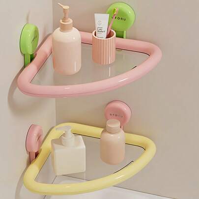 1-delat set - Dopamine Color Series icke-borrad triangulär förvaringshylla, sugkopp för väggmontering för stabilitet och att den inte faller av, perforerad för vattendränering och stor kapacitet, förvaringspryl för badrum. Vattentätt plastmaterial. Väggmonterad förvaringshylla i badrumshörnet.