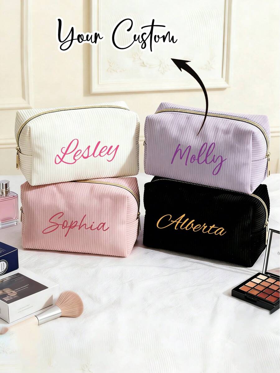 Customizable Makeup Bag, Personalized Corduroy Cosmetic Bag, Cosmetic Storage Bag, Multifunctional Cosmetic Bag,Customize Your Name, Light Convenient Large Capacity,Travel Cosmetic Bag - Multicolor - View 1