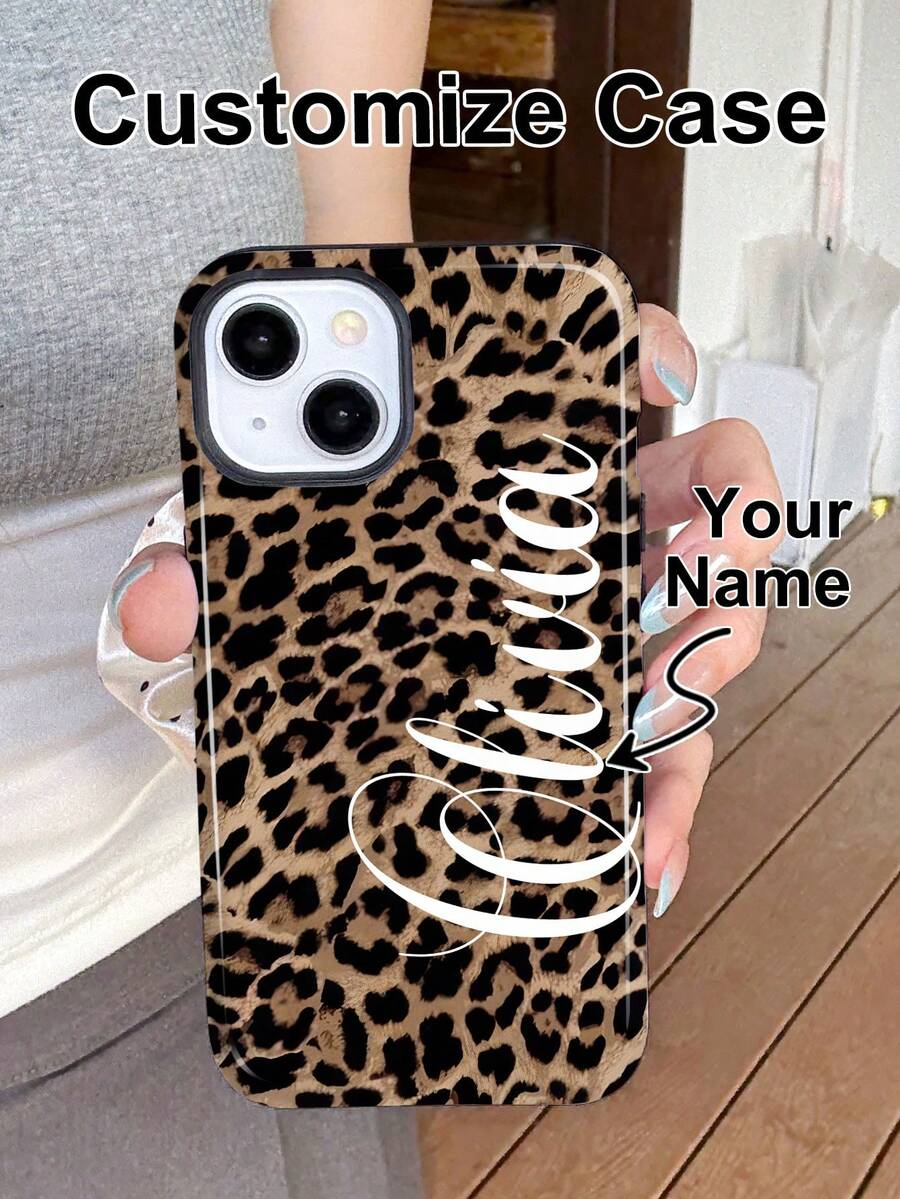 1pc Custom Fashionable Leopard Print & Letter Color 2-In-1 Glossy Protective Hard Phone Case Cover Compatible With IPhone 11/12/13/14/15/16/17 Pro Max,International Version, Not The Domestic Version - Multicolor - View 1