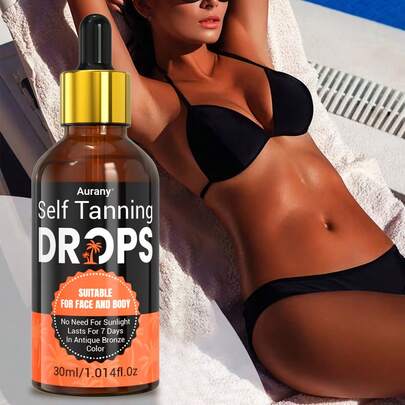 AURANY 美黑油，身体美黑油，美黑滴剂，无需日晒即可拥有古铜色肌肤，快速上色，加深肤色，古铜色可持续7天，适用于面部、身体、手部和腿部，是海滩度假的理想之选 - 30毫升
