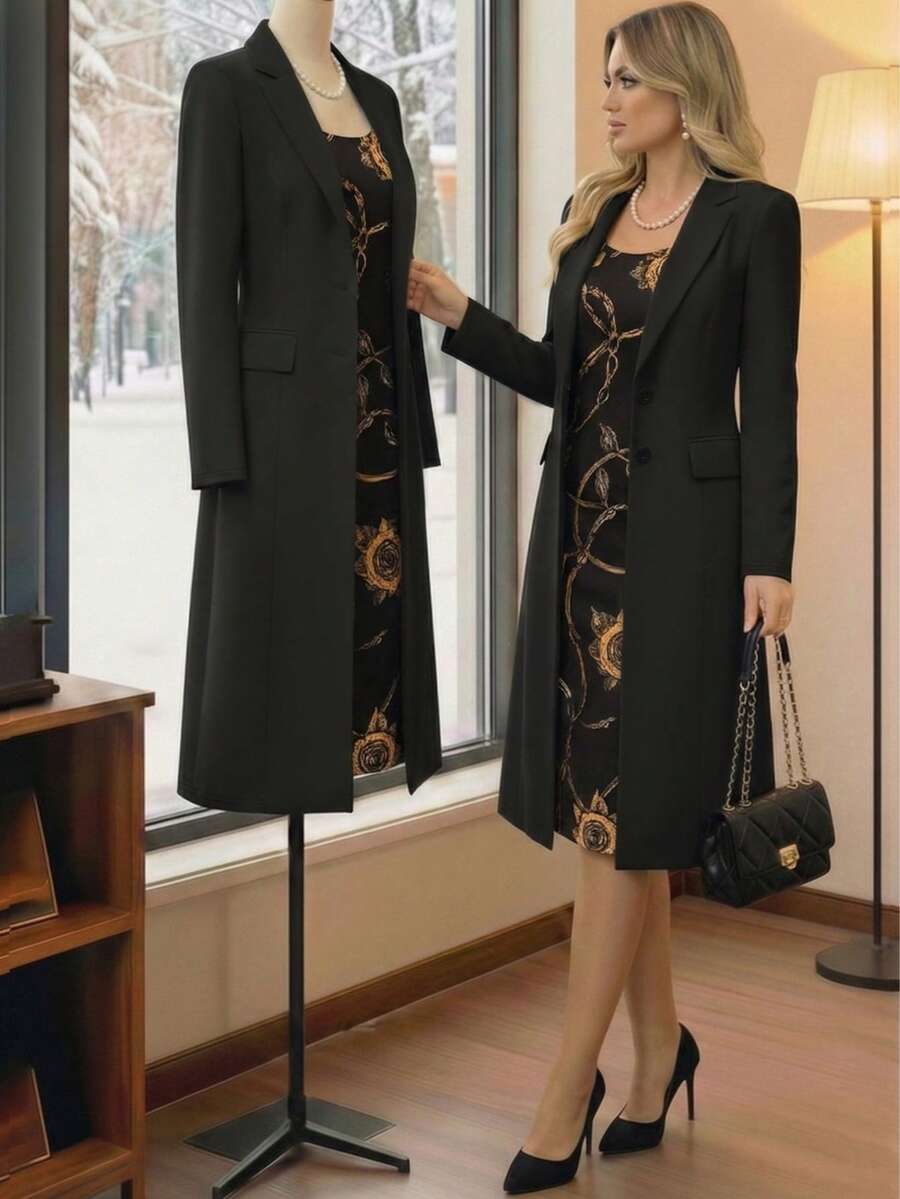Bộ trang phục mùa xuân thanh lịch 2 món dành cho nữ: Áo blazer dài màu đen kết hợp với váy ôm dáng cổ tròn không tay in họa tiết hoa cổ điển, set đồ thường ngày mùa xuân. - màu đen - Xem 1